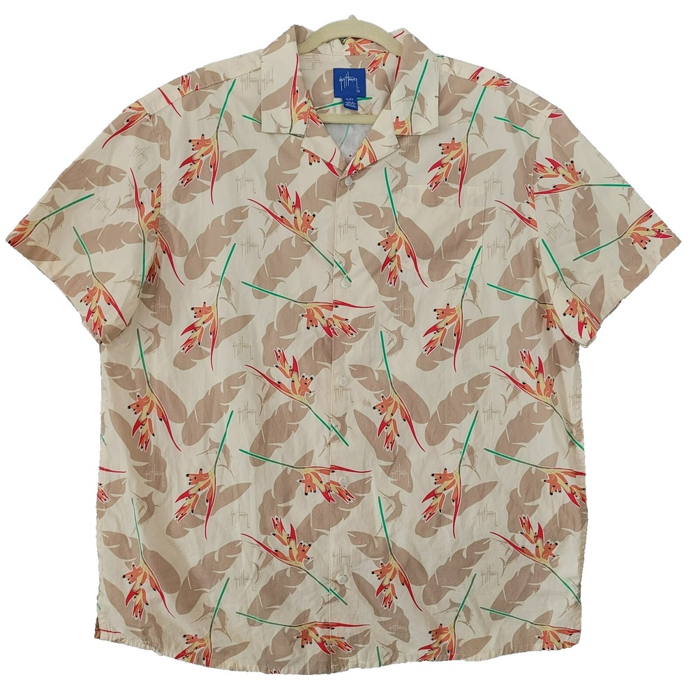 Guy Harvey Hawaiian Mens XL Short Sleeve Shirt ~ PALE KHAKI ~